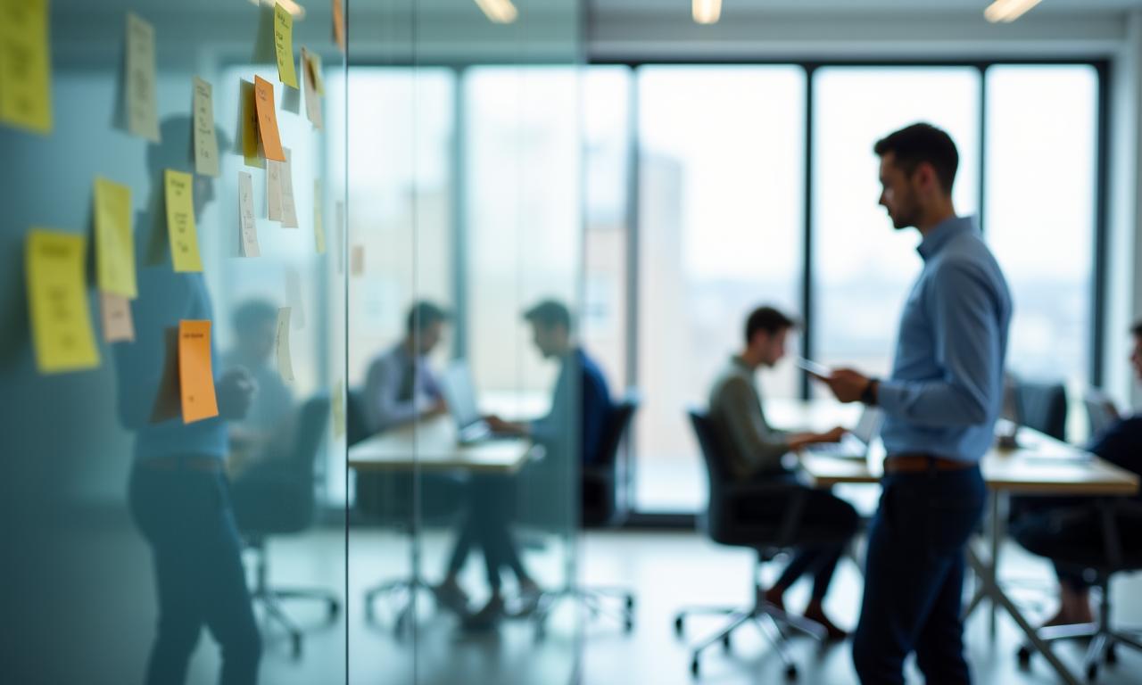 Modern workspace showing employees collaborating with digital tools and physical blueprints
