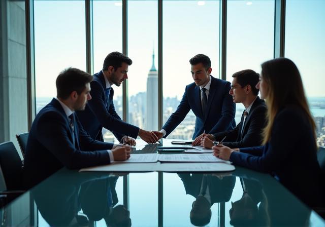Team of consultants collaborating around a futuristic glass table in a high-rise office