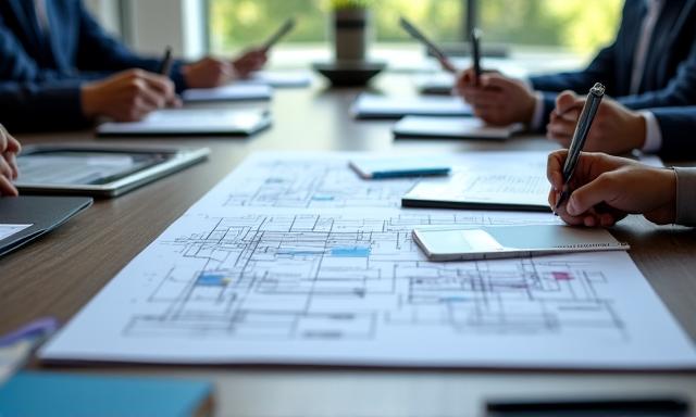 Aerial view of a clean modern boardroom with blueprints and digital tablets
